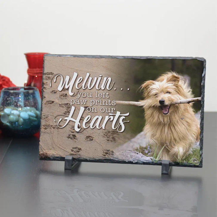 Paw Prints on Our Hearts slate pet memorial plaque, personalized with your pet's photo and name