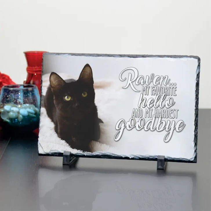 My Hardest Goodbye slate pet memorial plaque with room for a photo, honoring a beloved pet