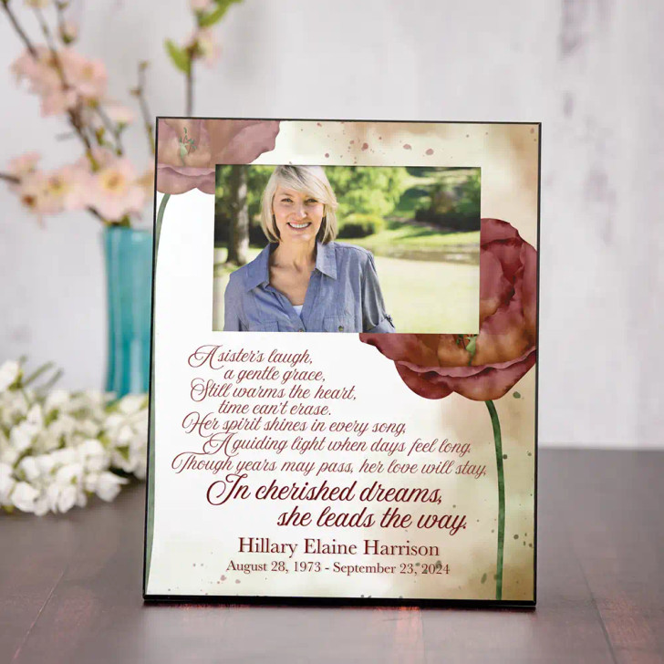Sisters Laugh memorial photo frame with tribute poem, personalized for loss of a sister, holds a 4x6 photo