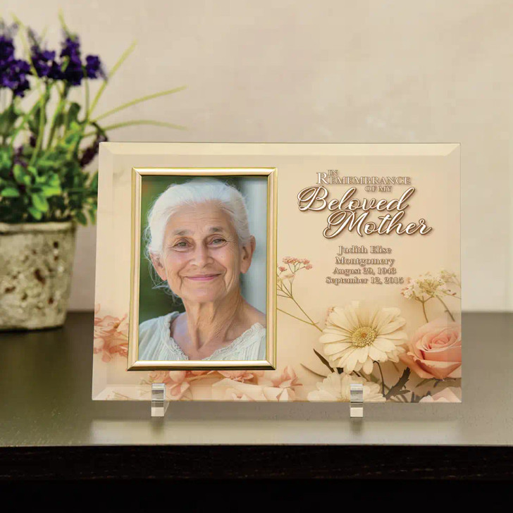 My Beloved Mother glass memorial frame with heartfelt words and space for a treasured photo, a personalized tribute for loss of a mother