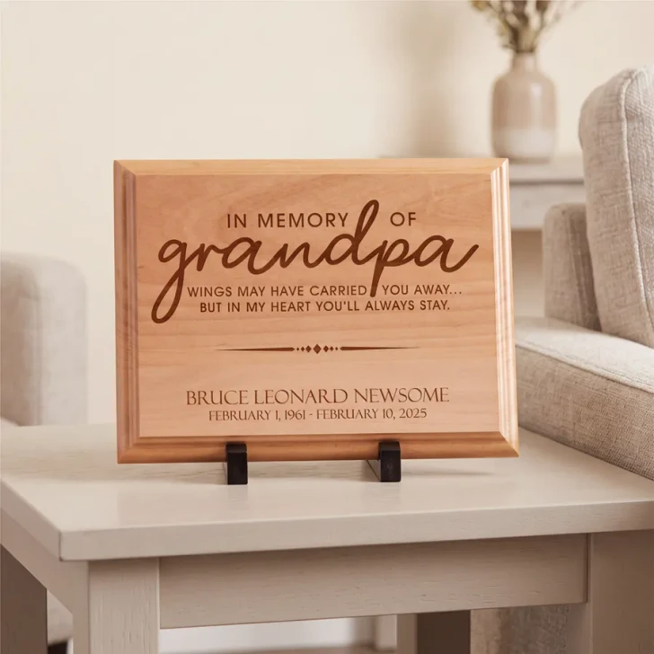 In Memory of Grandpa wood memorial plaque, personalized with his name and dates