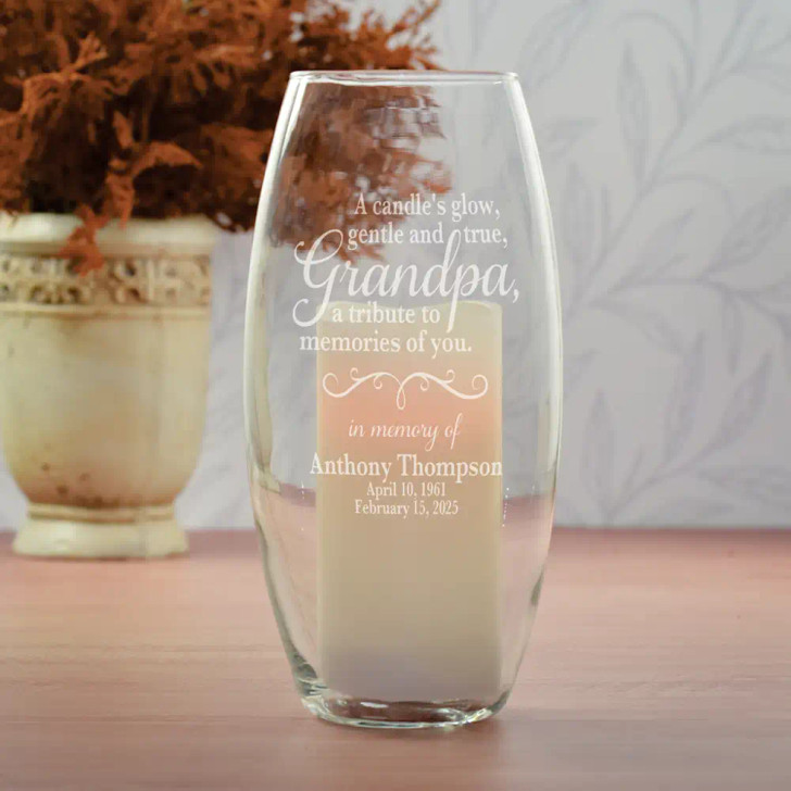 Memories of Grandpa memorial glass hurricane with 6-inch LED candle, personalized with name and dates