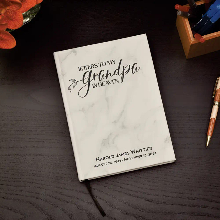 Letters to Grandpa personalized journal in white marble with black engraving