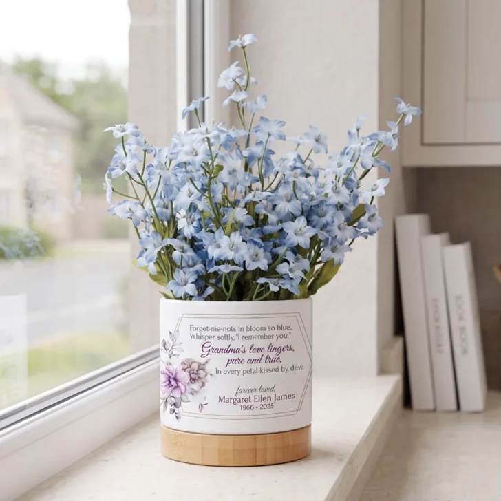 Grandma's Love personalized memorial flower pot with forget-me-not seeds, personalized with her name and dates