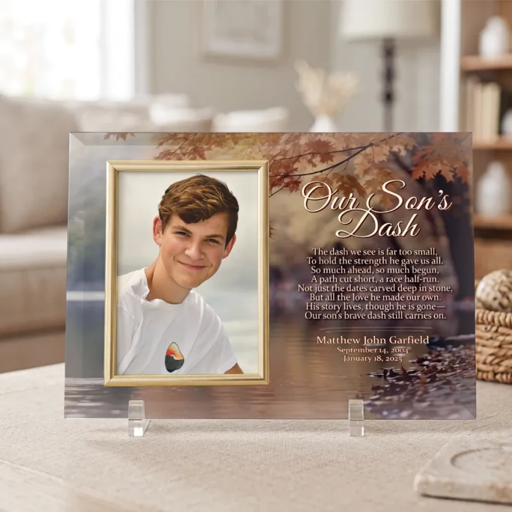 Our Son's Dash glass memorial frame engraved with The Dash poem, personalized with name and dates, displayed on easel legs