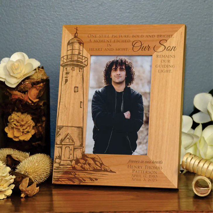 Personalized Our Son's Guiding Light alder wood memorial picture frame with engraved name and dates