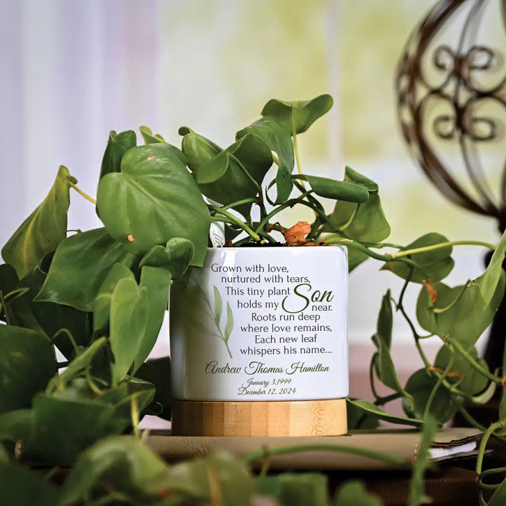 Remembering My Son memorial flower pot with forget-me-not seeds and poem, personalized with his name and dates