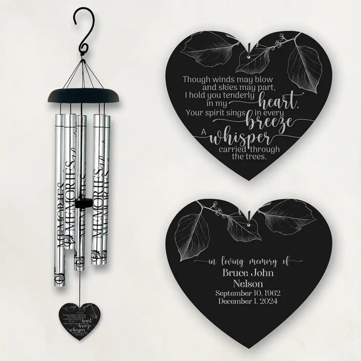 Whisper of Love Memorial Wind Chime — personalized 40" sympathy gift for loss of a loved one featuring verse "Though winds may blow and skies may part, I hold you tenderly in my heart"