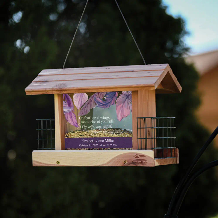 Personalized My Wife Memorial Bird feeder has loved one's name and dates on both sides of feeder along withthe verse: On feathered wings memories of you ride, My wife, my angel, forever by my side.