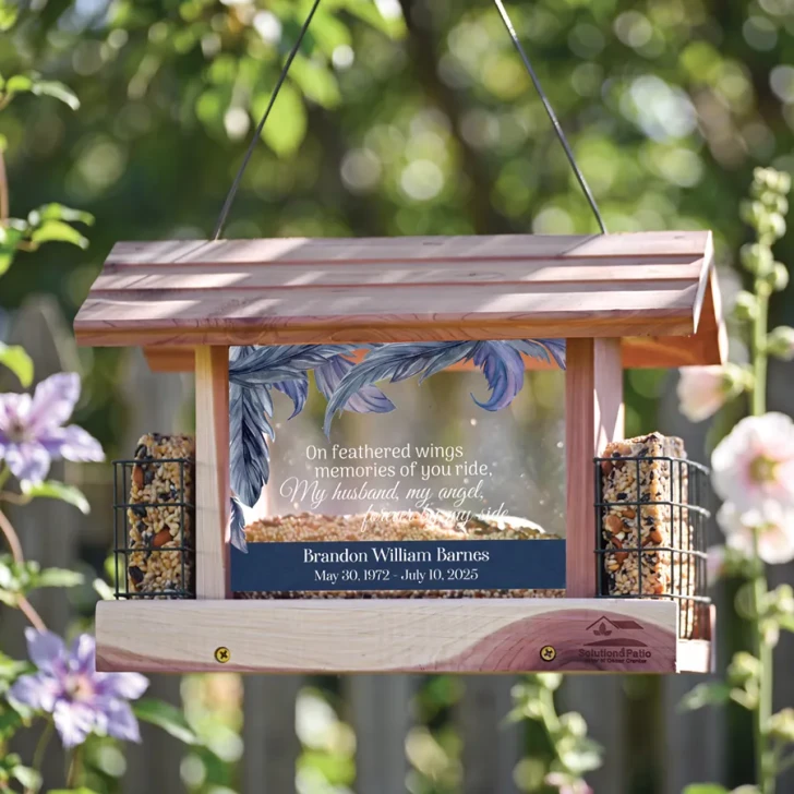 Personalized My Husband cedar memorial bird feeder with his name, dates, and a remembrance verse on the side panels