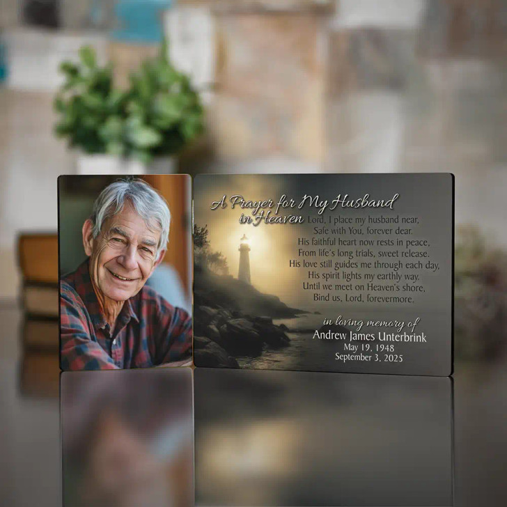 This memorial plaque features 2 smaller plaques on a hinge and personalized with your husband's picture on the smaller, left plaque.