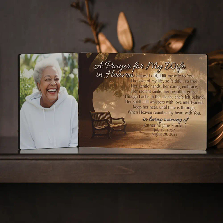 This memorial plaque features 2 smaller plaques on a hinge and personalized with your wife's picture on the smaller, left plaque.