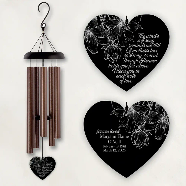 Personalized memorial wind chime for loss of mom is 36" with bronze colored tubes and is personalized with mom's name and dates on the back of the sail.