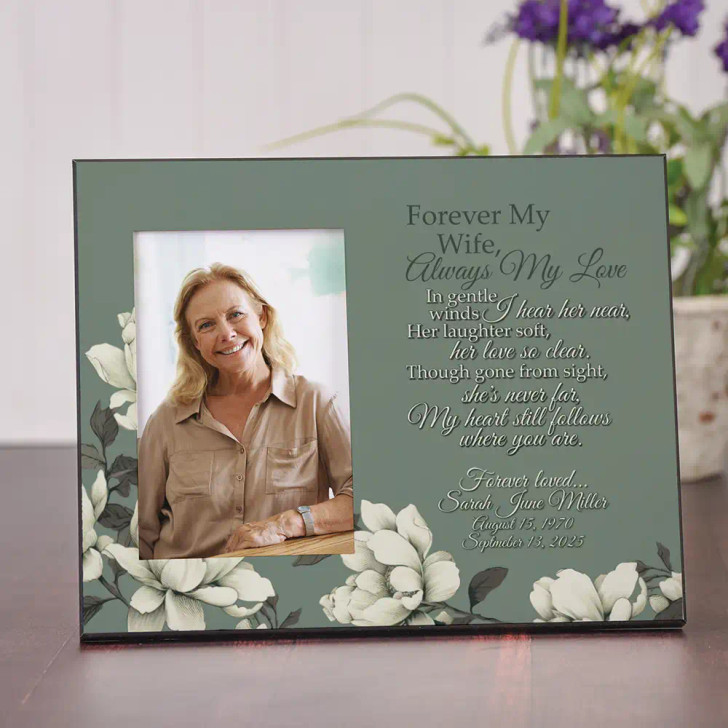 Memorial picture frame for loss of wife is personalizaed with her name and dates and holds a 4"x6" photograph.