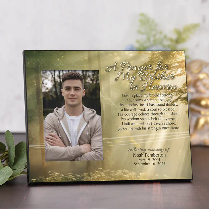 A Prayer for My Brother personalized memorial frame features a heartwarming prayer for him and is personalized with his name and dates.  Holds a 4"x6" picture