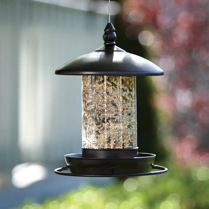 Memorial bird feeder for loss of grandma is personalized with her name and dates along with a short verse