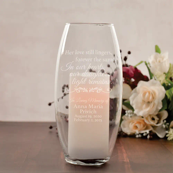 My Daughter's Light memorial glass hurricane with 6-inch LED candle, personalized with her name and dates