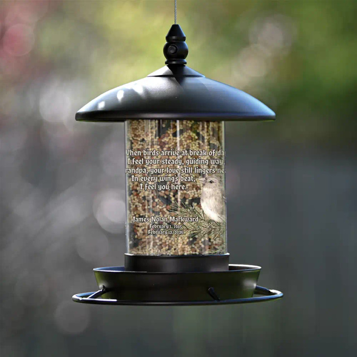 Memorial bird feeder for loss of grandpa is personalized with his name and dates along with a short verse