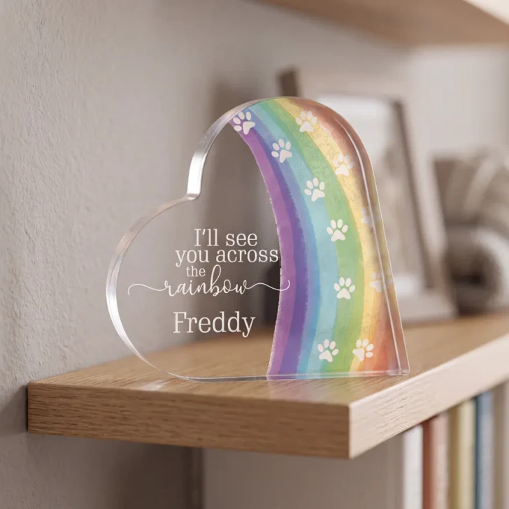 Across the Rainbow Bridge memorial heart plaque is a beautiful tribute to a pet who has crossed the bridge. This plaque is personalized with the pet's name.