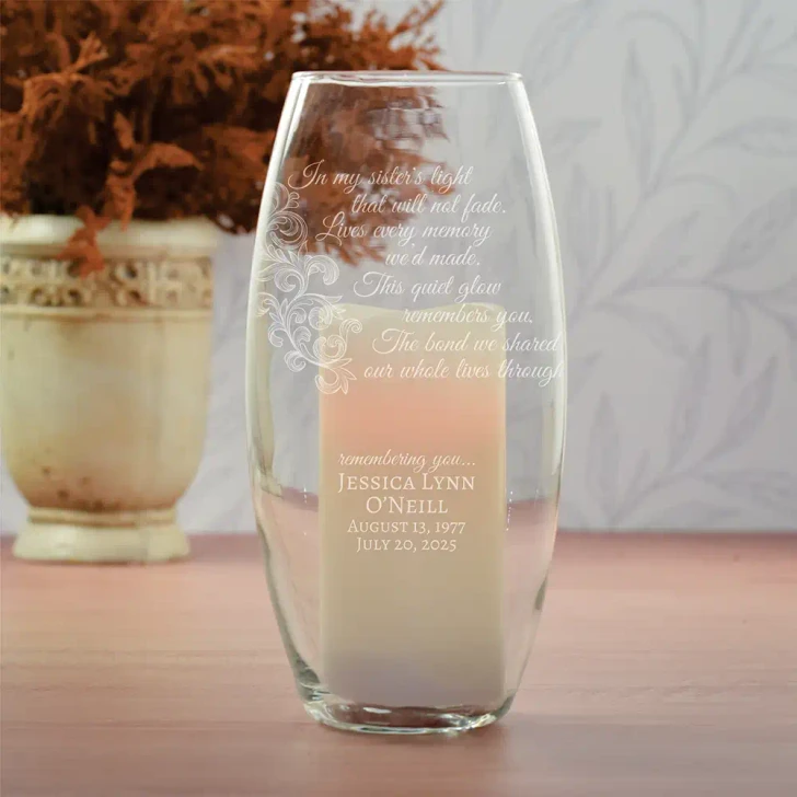 My Sister's Light memorial glass hurricane with 6-inch LED candle, personalized with her name and dates