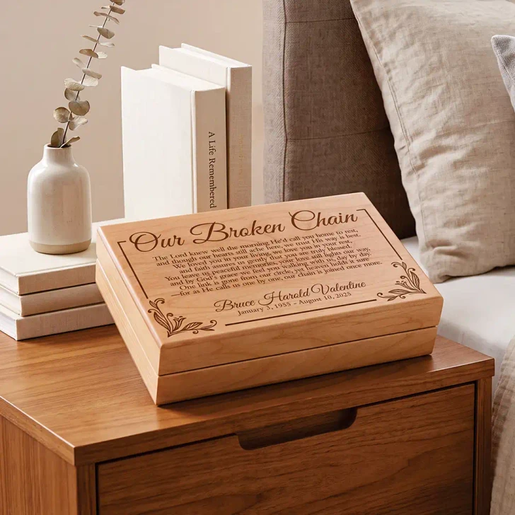 Broken Chain alder wood keepsake box inscribed with the Our Broken Chain poem, personalized with name and dates