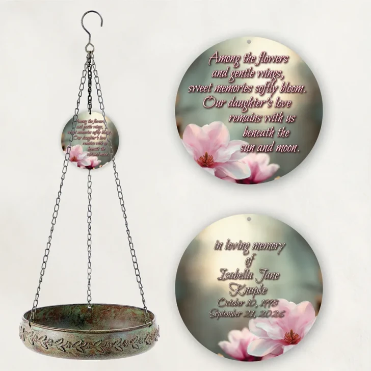 Daughter memorial bird bath personalized with name and dates