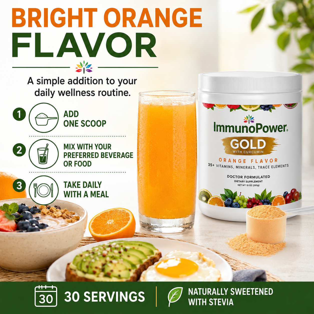 ImmunoPower Gold mixed as a bright orange beverage