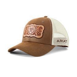 ARIAT LADIES CAP SNAP BACK FAUX LEATHER FLORAL LOGO BROWN A300070002