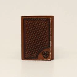 ARIAT MENS TRIFOLD WALLET BASKETWEAVE SHIELD TAN A3550408