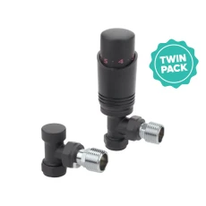 Thermostatic Angled Radiator Valve + L/S 15mm Matt Black Twin Pack