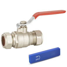 Lever ball valve with red and blue handles