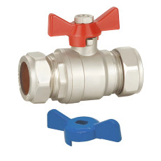 Butterfly ball valve with red and blue handle