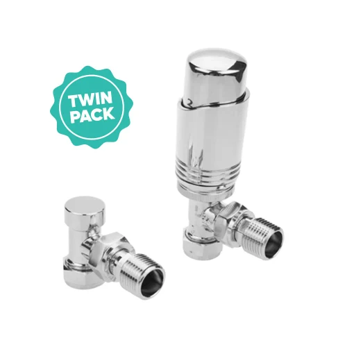Thermostatic Angled Radiator Valve + L/S 15mm Chrome Twin Pack