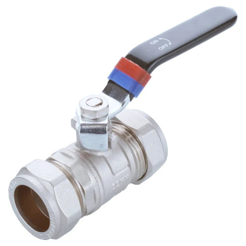 Lever ball valve with black handle and red and blue bands