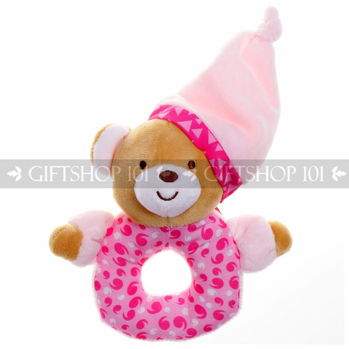 6" Sleepy Bear With Hat Soft Plush Baby Rattle - Pink - Image 1