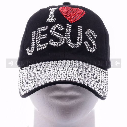Rhinestone Baseball Caps Hat 10020 Black - I Love Jesus <Front>