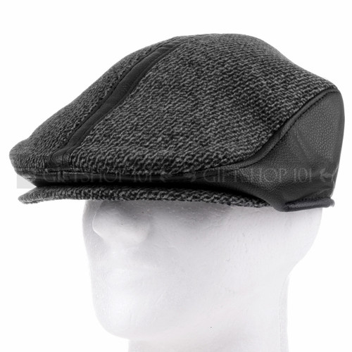 Black Leather And Cloth Flat Golfer Cap Sun Hat (Front)