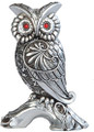 6 Inch Silver Engraved Owl on Branch with Red Gems Statue