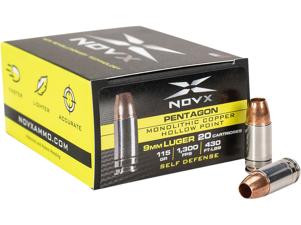 NOVX Pentagon Monolithic Copper 9mm Luger Ammunition NOVX9CP115-20