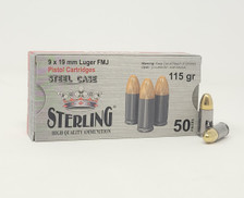 Sterling 9mm Luger Ammunition STRLG9MMSTEEL 115 Grain Steel Cased Full Metal Jacket PACK 500 Rounds