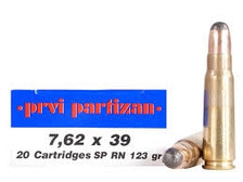 Prvi PPU 7.62x39mm Ammunition PP733 123 Grain Round Nose Soft Point Brass 20 Rounds
