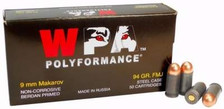 Wolf 9mm Makarov (9x18) Ammuniton WPA9MAK 94 Grain Full Metal Jacket Steel 50 rounds