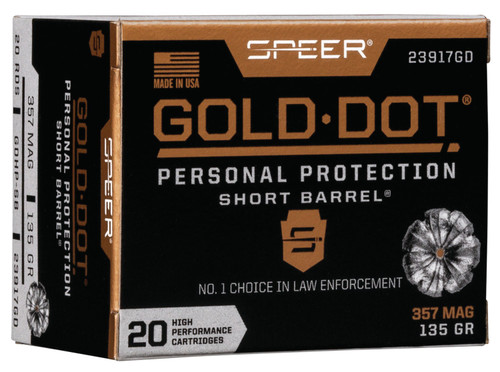 Speer 357 Magnum Ammunition Short Barrel Gold Dot 23917GD 135 Grain Gold Dot Hollow Point 20 Rounds