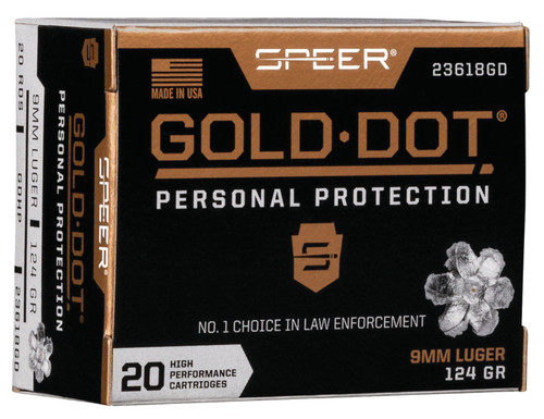 Speer 9mm Ammunition Gold Dot 23618GD 124 Grain Gold Dot Hollow Point 20 Rounds