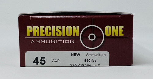 Precision One 45 Auto Ammunition PONE122 230 Grain Jacketed Hollow Point 50 Rounds