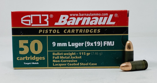 Barnaul 9mm Luger Ammunition LAC 115 Grain Full Metal Jacket CASE 500 Rounds