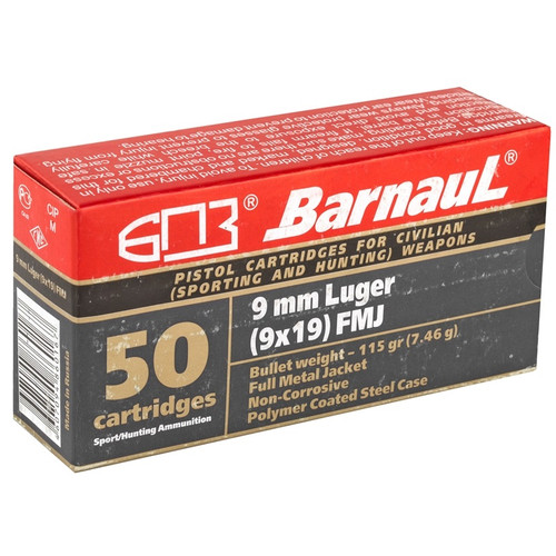 Barnaul 9mm Luger Ammunition BARN9MMFMJ115 Full Metal Jacket CASE 500 Rounds