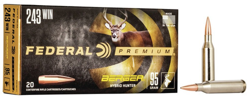 Federal 243 Win Ammunition P243BCH1 95 Grain Berger Hybrid Hunter 20 Rounds