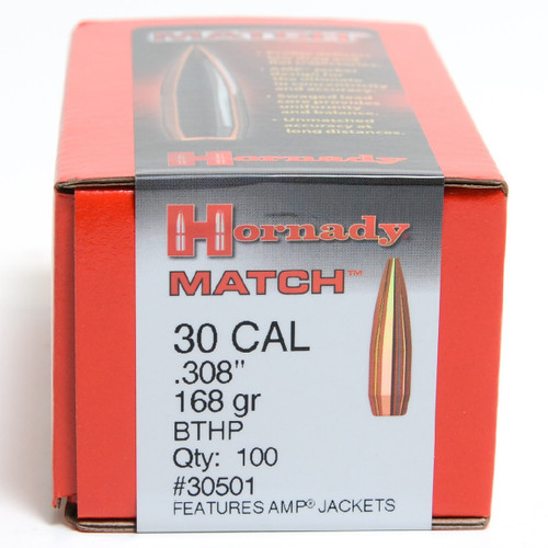 Hornady 30 Cal (.308 Dia) Reloading Bullets 168 Grain 30501 Hollow Point Boat Tail Match 100 Pieces
