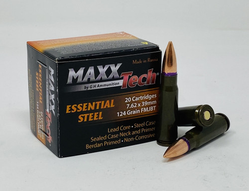 MaxxTech Essential Steel 7.62x39mm Ammunition MTES762 124 Grain Full Metal Jacket CASE 1000 Rounds